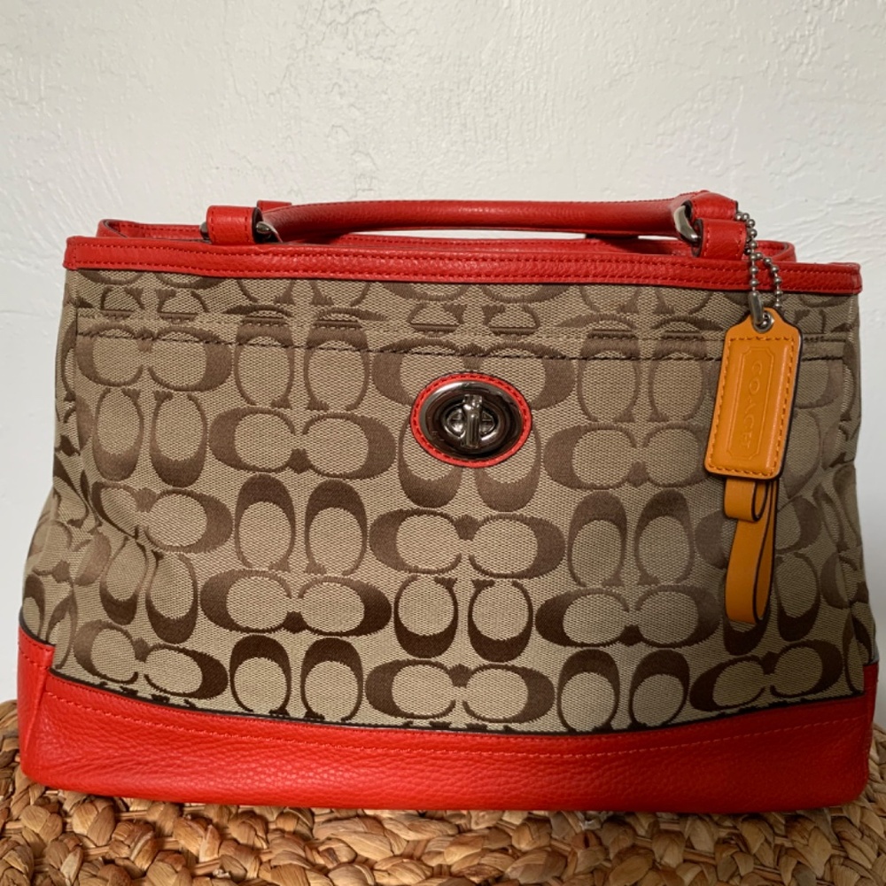Coach Signiture "C' Fabric Purse, Red/Orange Leather Accents, Yellow Coach Tag